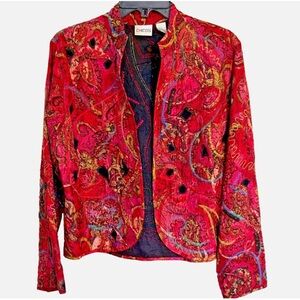 Chico’s Silk Beaded Jacket Pink Paisley Embellished Open Front Size 1 M 8 Boho